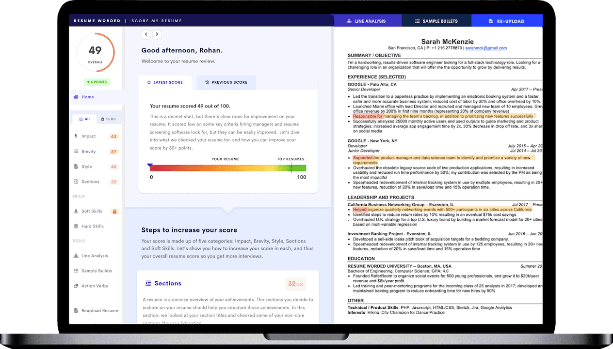 Free ATS scanner interface showing resume analysis results and optimization recommendations